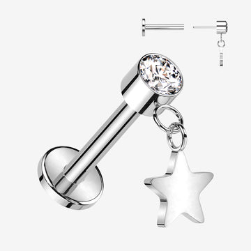 Implant Grade Titanium OneFit Threadless Sparkle Dangle Star Top Flat Back Labret-Clear Gem